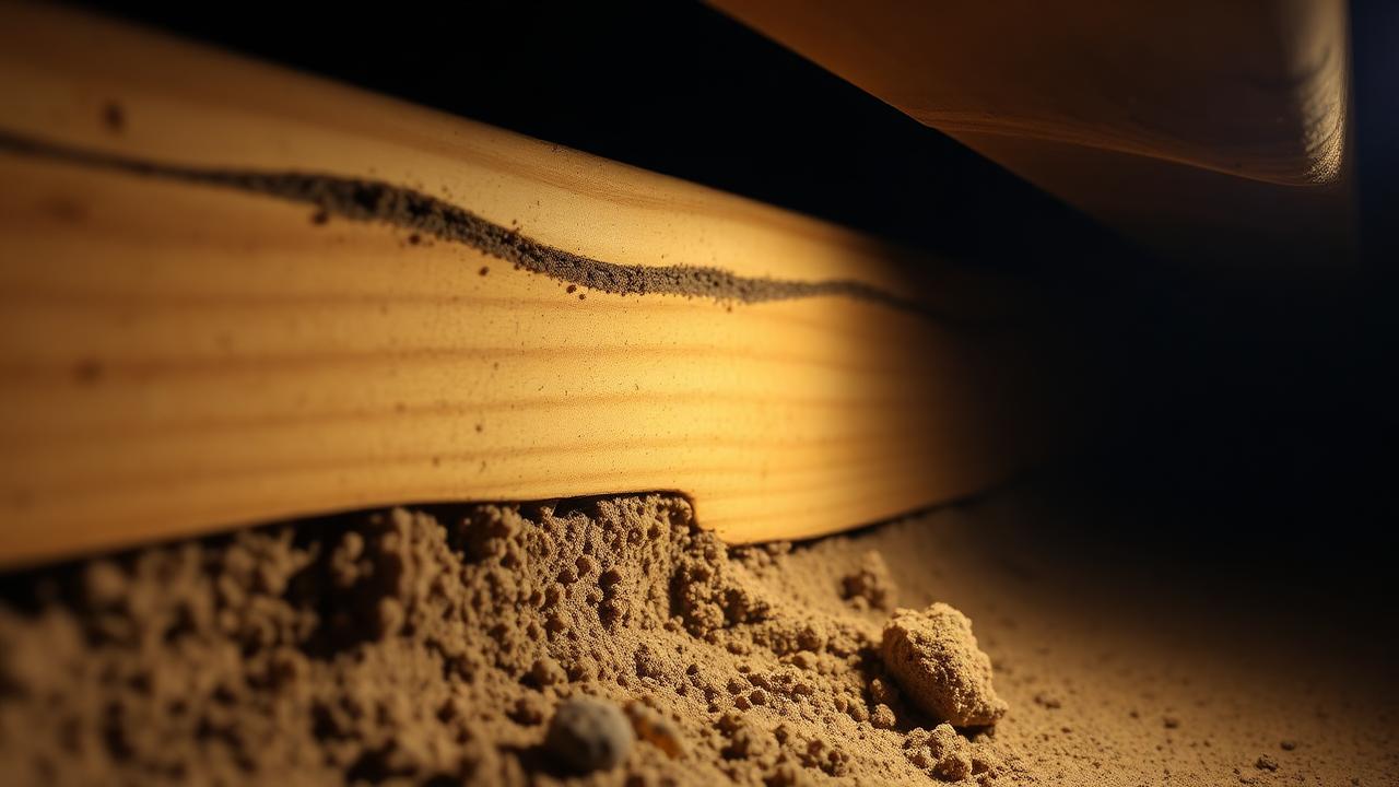 Active subterranean termite mud leads on a timber wall stud in a Sydney subfloor inspection