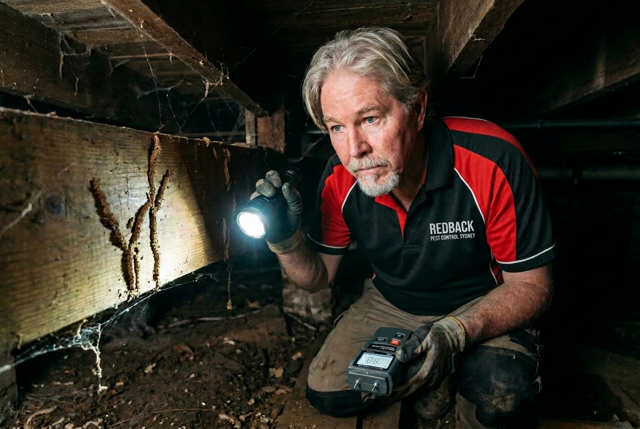 Redback Pest Control termite inspector checking subfloor timbers for termite activity in a Sydney home